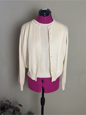 Talbots Silk Sweater Twin Set Beige Cream sz M Classic Quiet Luxury Coastal